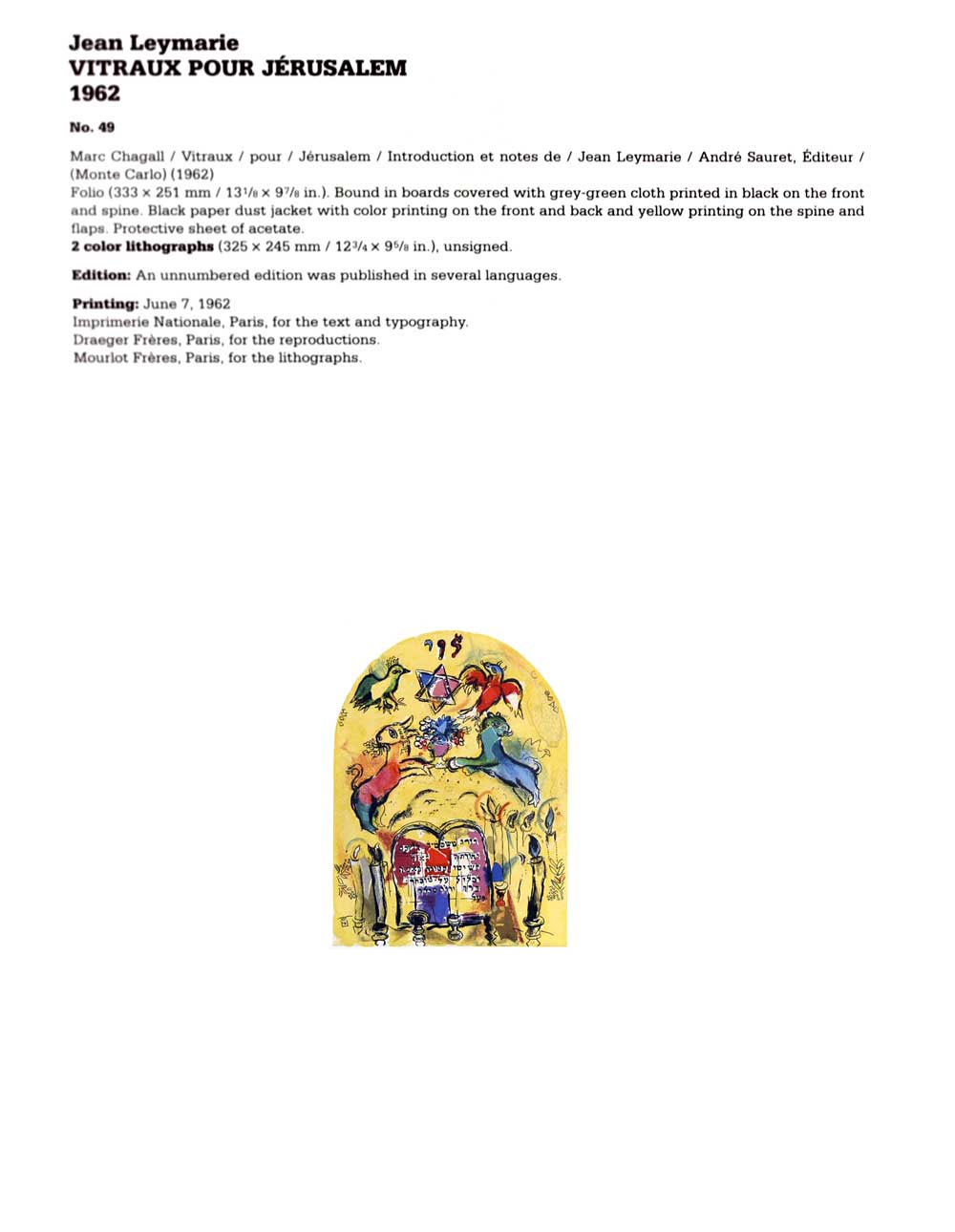 Marc CHAGALL Lithograph LIMITED Ed. "Levi" + Cat .Ref.c49 w/Gallery Frame