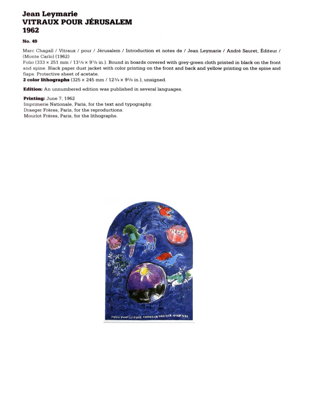 Marc CHAGALL Lithograph LIMITED Ed. "Simeon" + Cat .Ref.c49 w/Gallery Frame