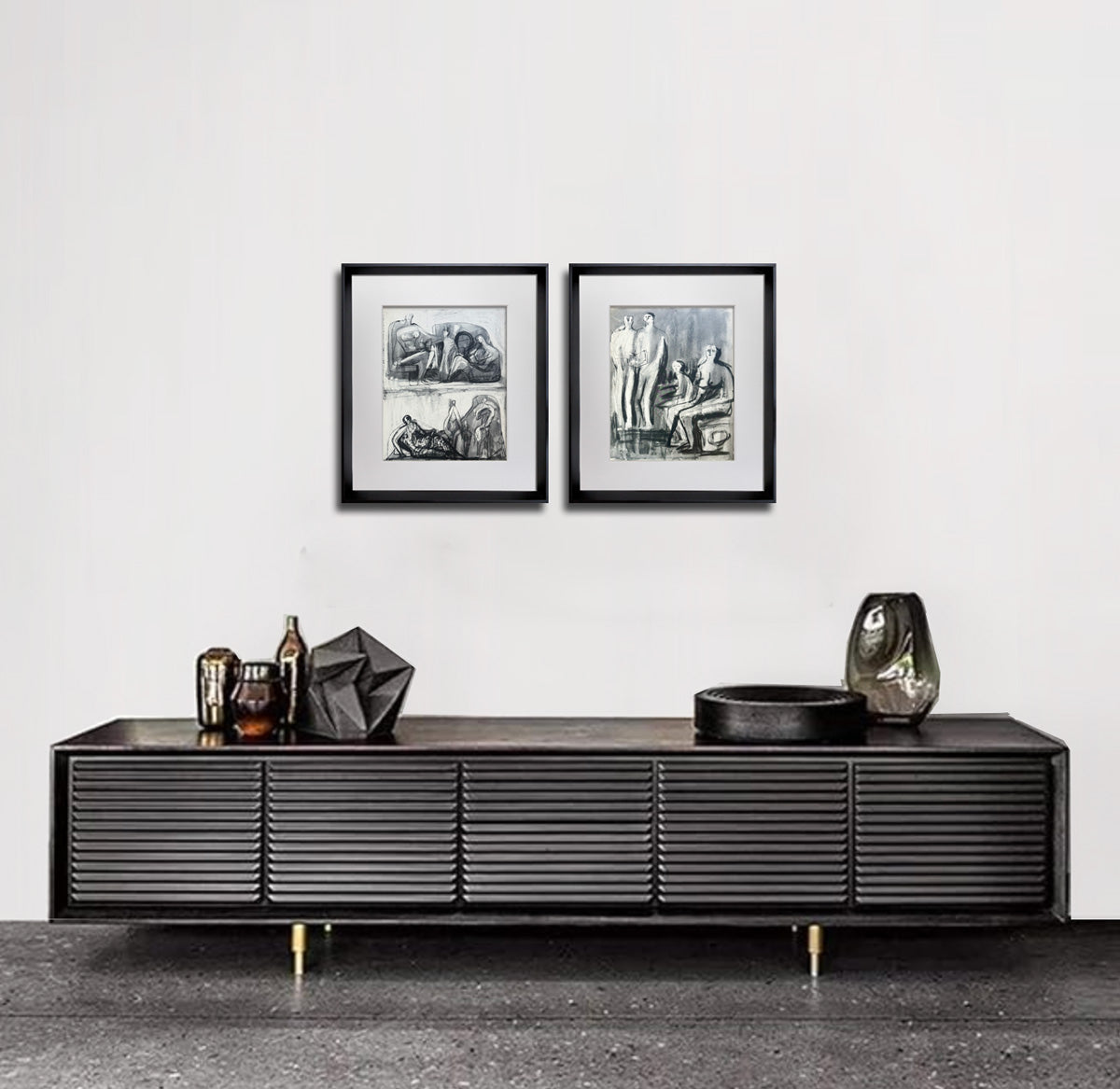 2 Henry MOORE Lithographs STUDY Unesco Group Family, (2pcSET) Limited Edition 1958